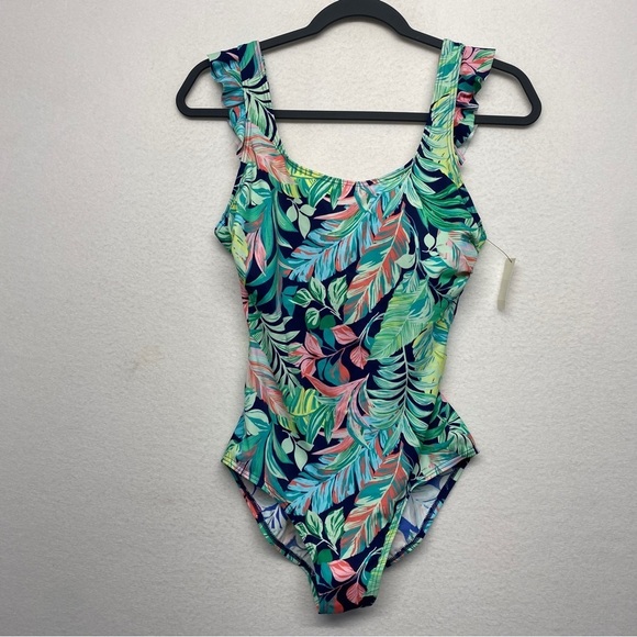 Talbots Other - NWT $90 Talbots Floral Leaf Swimsuit One Piece 12 Ruffle Shoulder